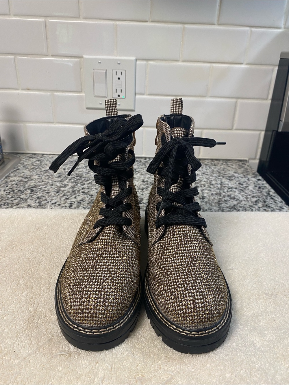 Kurt Geiger Tweed Combat Ankle Boots in Brown and Black